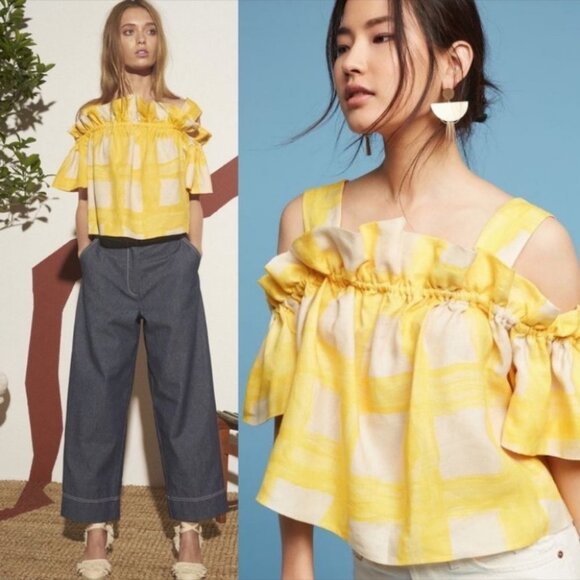 Anthropologie Whit Yellow Mariposa Top 100% Linen Size Large Gingham‎ Bohemian L - Picture 1 of 12